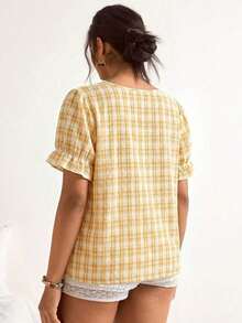Blusa de manga corta con cuello cuadrado y parches de encaje de talla grande, blusa de manga abullonada - Amarillo - Ver 2