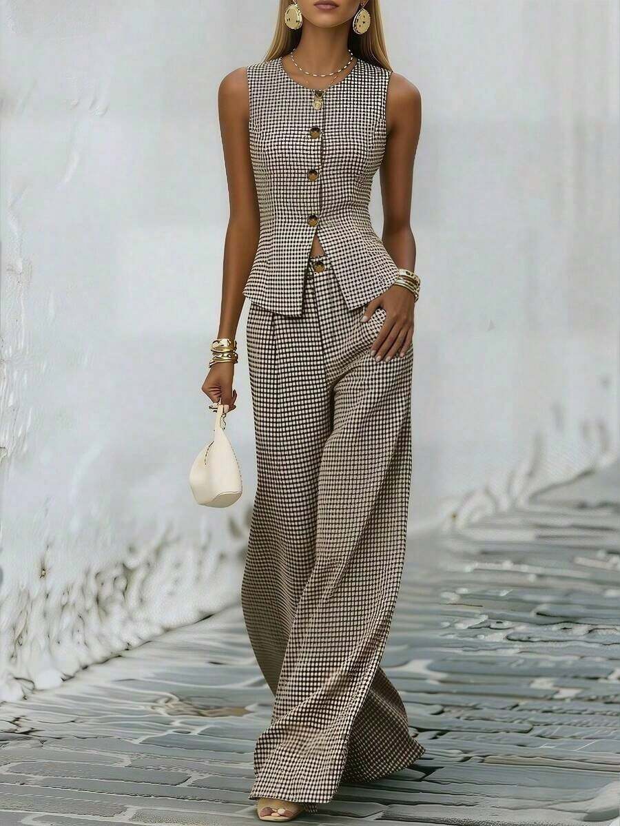 Conjunto de blazer sin mangas y pantalones a cuadros vintage 2026 - Detalles de botones de cintura alta, versátil y elegante conjunto de dos piezas para la oficina casual y las vacaciones - Multicolor 4 - Ver 1