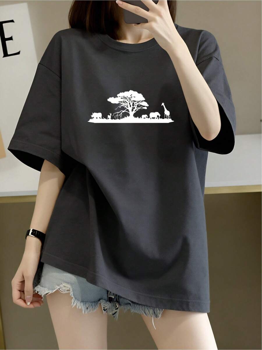 Comfortable Animal Print T-Shirt + T-Shirt + Casual Style + Cotton Garments + Original Graphic + Urban Fashion + Perfect For Summer + Available In Black + Sizes S, M, L + Women's Clothing + 2023 - 黑色 - 查看 1