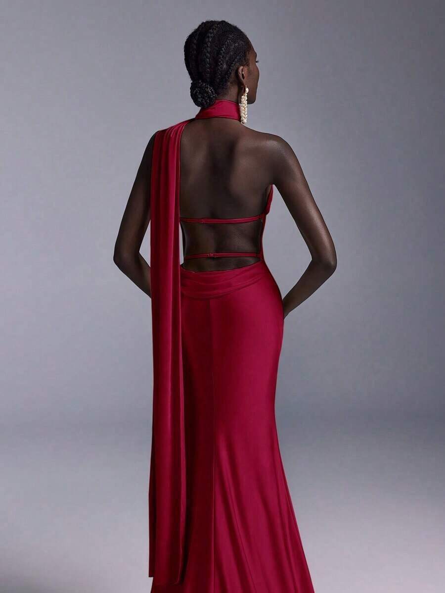 Vestido largo de sirena con espalda abierta y ajustado, de estilo minimalista, adecuado para asistir a fiestas formales, reuniones y galas formales de damas - Burdeos - Ver 1