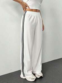 Pantalones casuales con rayas laterales negras, de estilo simple y de moda para uso diario, graduación, maestros y vuelta al colegio para mujeres - Blanco - Ver 6