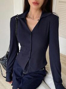 Camisa con botones delanteros sólidos, blusas de manga larga, ropa de otoño, blusas con estilo preppy - Azul marino - Ver 1