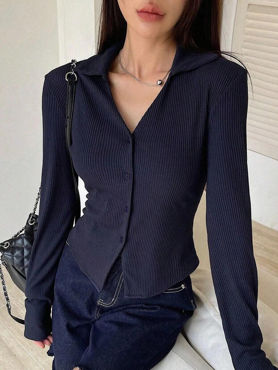 Camisa con botones delanteros sólidos, blusas de manga larga, ropa de otoño, blusas con estilo preppy - Azul marino - Ver 1