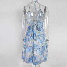 Vestido primavera mujer estampado, estilo sensual, escote al cuello con tirantes, calados y corte en capas - Azul - Ver 4