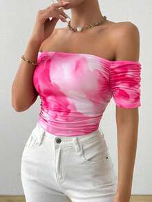 Camiseta de manga corta plisada con cuello recto en línea - Rosa - Ver 3