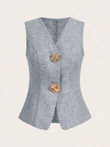 Blusa sin mangas con botones de metal en forma de rosa, estilo francés, para uso casual y de oficina, blusa de verano de alta gama - Azul - Ver 6