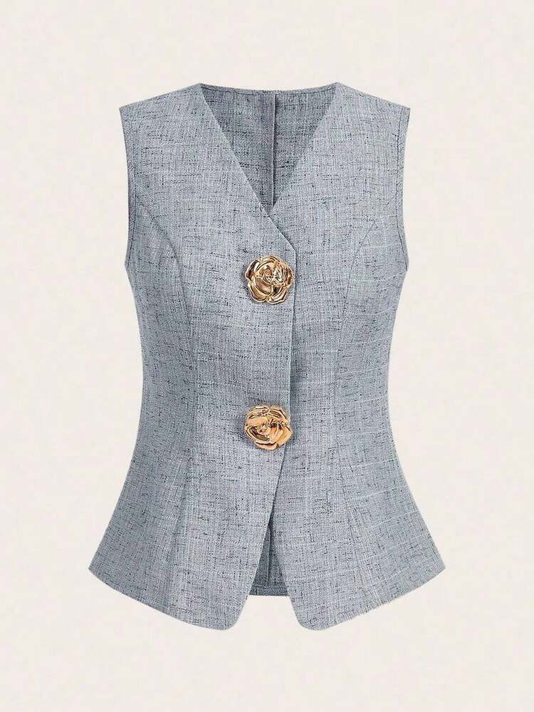 Blusa sin mangas con botones de metal en forma de rosa, estilo francés, para uso casual y de oficina, blusa de verano de alta gama - Azul - Añade 6