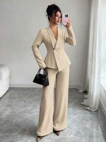 Conjunto de traje de mujer, tela de traje, cuello de solapa, manga larga, cintura ceñida con dobladillo asimétrico en línea A, decoración de botón de metal, sofisticado y elegante para la oficina, el transporte, el estilo callejero, el romanticismo francés, casual, vintage de Oriente Medio, té de la tarde, fiesta, Acción de Gracias, regreso a la escuela, primavera/otoño/invierno - Caqui - Ver 6