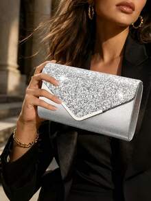 Glitter V-Shaped Clutch Bag - Silver - View 4