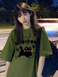 Women's Heavyweight Pure Cotton Green Short-Sleeved T-Shirt, Summer Style, Hong Kong Style, Loose Fit, Plus Size, Petite Size, American Urban Fashion Top. - 酒紅色 - 查看 10