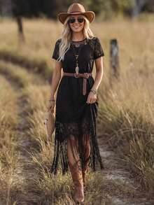 LUNE Vestido de manga corta con encaje y flecos de unicolor, vestidos de campo para mujeres, vestido de campo y occidental, atuendo bohemio para mujeres, vestido bohemio, ropa bohemia chic para mujeres, atuendos occidentales para mujeres, vestido de resort, vestido de vacaciones para mujeres - Negro - Ver 2