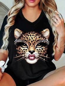 Camiseta de Talla Grande, Nueva 2025, Cuello en V, Diseño Versátil Estampado, Manga Corta, Tejido Microelástico Suelto, Estilo INS, Moda Estampada - Negro - Ver 7