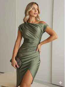 Lizandra Midi Trilobal Dress For Casual Parties, Night Out, And Dates - Moss Green - View 2
