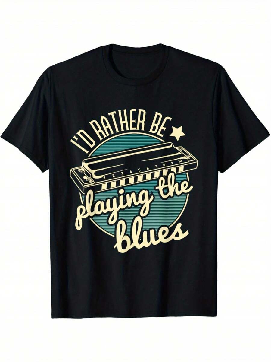 Preferiría Estar Jugando la Harmónica de Blues" Camiseta de Artista Harmónico - Negro - Ver 1