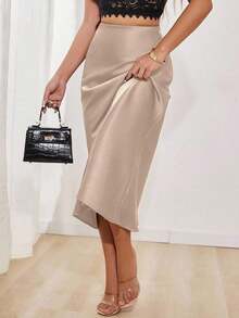 Falda en A de satén elegante y versátil para mujer - Albaricoque - Ver 3