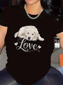 Camiseta de manga corta de poliéster con un adorable diseño de cachorro, perfecta para usar en la sala de estar del hogar, duradera y cómoda, regalo ideal para amantes de las mascotas, tela suave, top elegante y ligero para atuendos casuales, adecuada para primavera, verano y otoño. - Negro - Ver 2