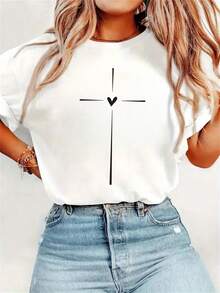 Women's Casual Sports T-Shirt With Minimalist Black Cross And Heart Design - Elastic Round Neck T-Shirt, Machine Washable, Comfortable Fit For All Seasons, Perfect For Daily Wear And Casual Occasions. - 白色 - 查看 1