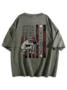 Baseball Dad USA Flag Catcher Washed Pink Graphic Tee,Men's & Women's Vintage Washed 230gsm Heavyweight T-Shirt, Soft Crew Neck Short Sleeve Tee With Retro Graphic & Letter Print, Casual Summer Breathable Layerable Top - 灰綠色 - 查看 1