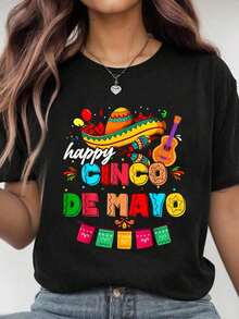 Camiseta Casual 100% Algodón con Estampado Gráfico 'Happy 5 De Mayo Lets Fiesta Viva Mexico Cinco De Mayo' para Hombre y Mujer, Tops Casuales de Moda - Negro - Ver 1