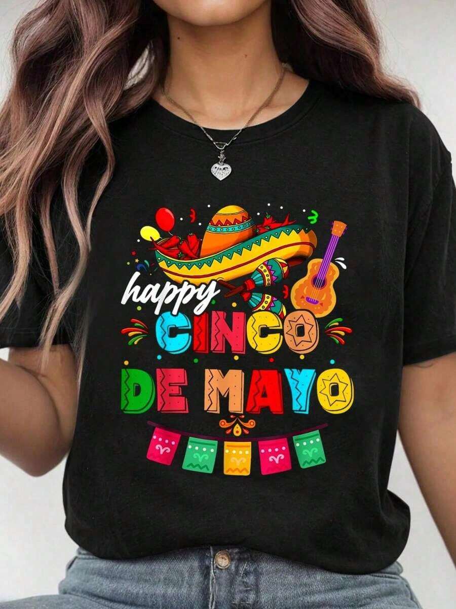 Camiseta Casual 100% Algodón con Estampado Gráfico 'Happy 5 De Mayo Lets Fiesta Viva Mexico Cinco De Mayo' para Hombre y Mujer, Tops Casuales de Moda - Negro - Ver 1