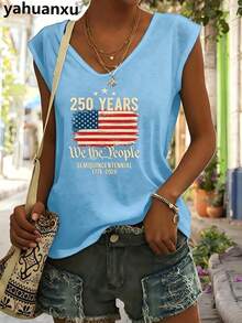 4th Of July Outfit WomenUSA 250th AnniversaryCommemorative Print Women's InspiredT-Shirt Short RoundNeckTopWhite LightweightY2K Short Sleeve Round Nec - 藍色 - 查看 1