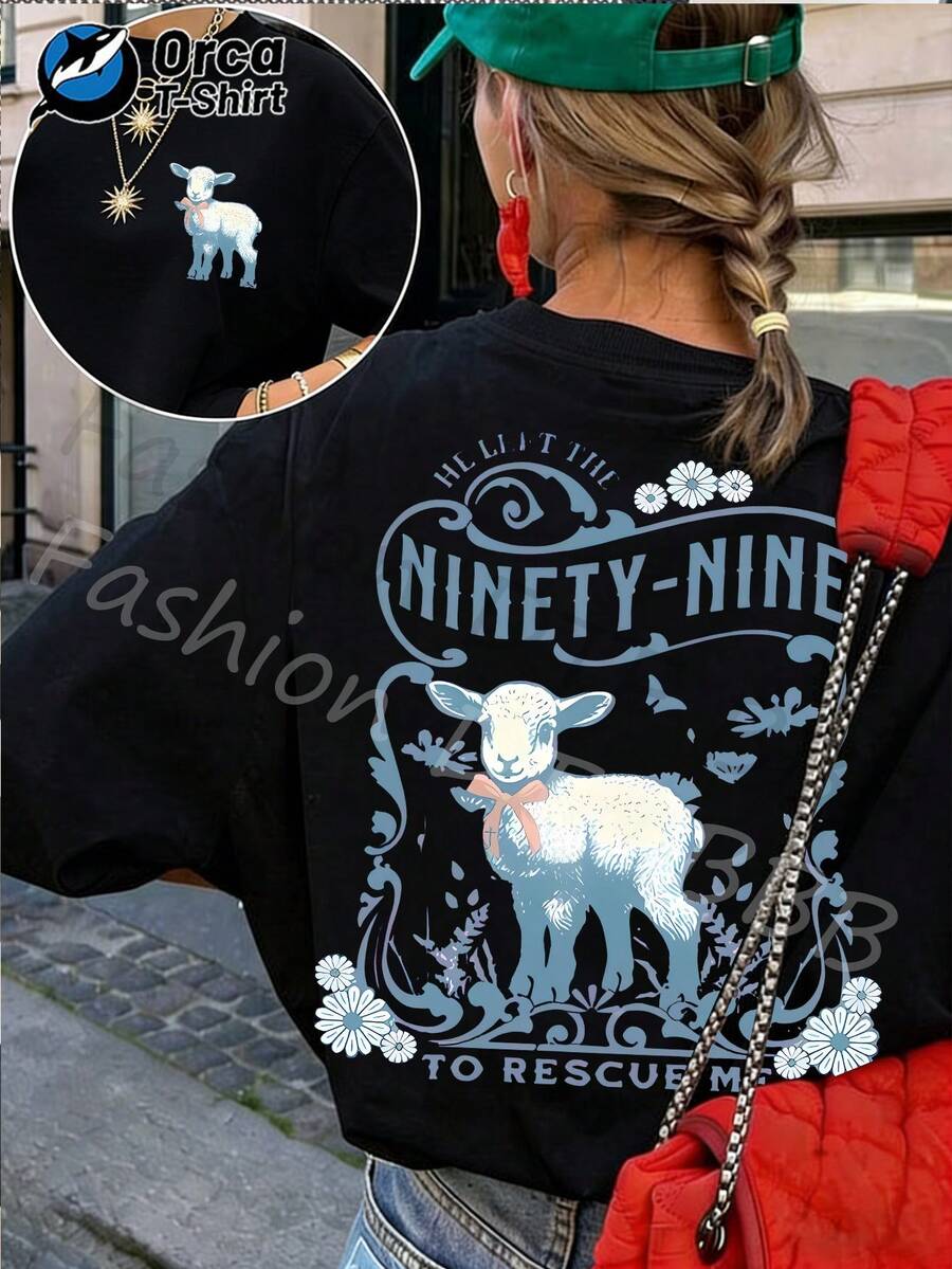 Camiseta de manga corta informal de verano para mujer con estampado "99, Save Me, Lost Sheep", 100% algodón, elegante, top informal para mujer, estilo Y2k, cuello redondo holgado, lavable a máquina, adecuada para salidas informales y actividades religiosas. - Negro - Ver 1