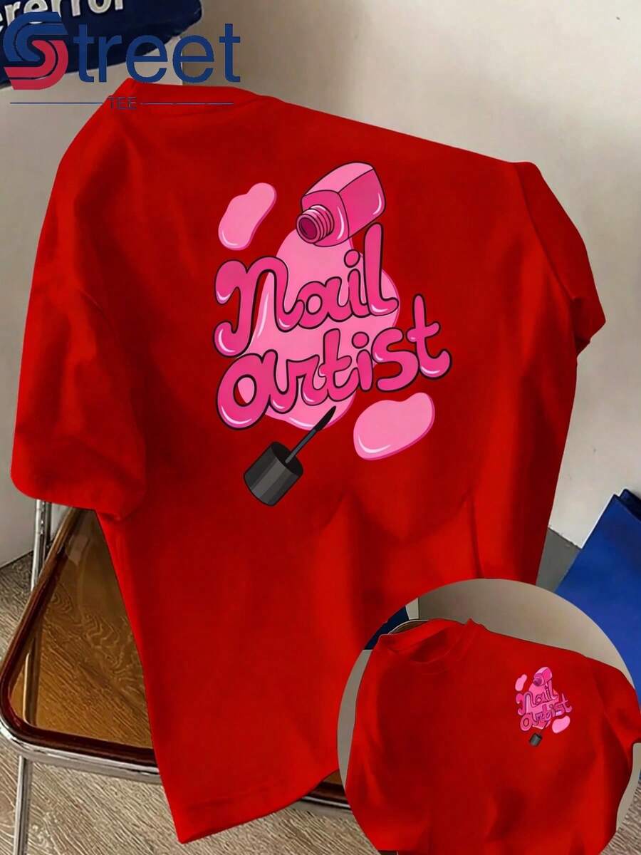 Women's Double-Sided Print Short Sleeve T-Shirt, Summer Casual Style, Round Neck, Fashion Print, Professional Style For Nail Artists, Pink Nail Polish Print, Loose And Slimming Fit, Nail Salon Workwear. - 紅色 - 查看 1