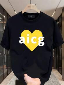 Men's Modern And Personalized Printed Short-Sleeve T-Shirt, Versatile Pure Cotton Top In Korean And Japanese Style For Summer - Unisex Loose-Fitting Short-Sleeve Crew Neck Urban Vintage Style Cotton T-Shirt. - 黑色 - 查看 7