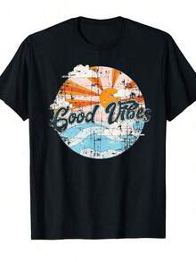 Vintage Retro Good Vibes Waves & Sunmen Mujeres regalo camiseta camiseta de aodón con un diseño inspirador y letras pegosas, perfecto para las salidas informales y el tre informal |   Top de verano elegante y cómodo, cuello de tulación, mangas cortas.Suitable for spring, summer and autumn - Negro - Ver 1