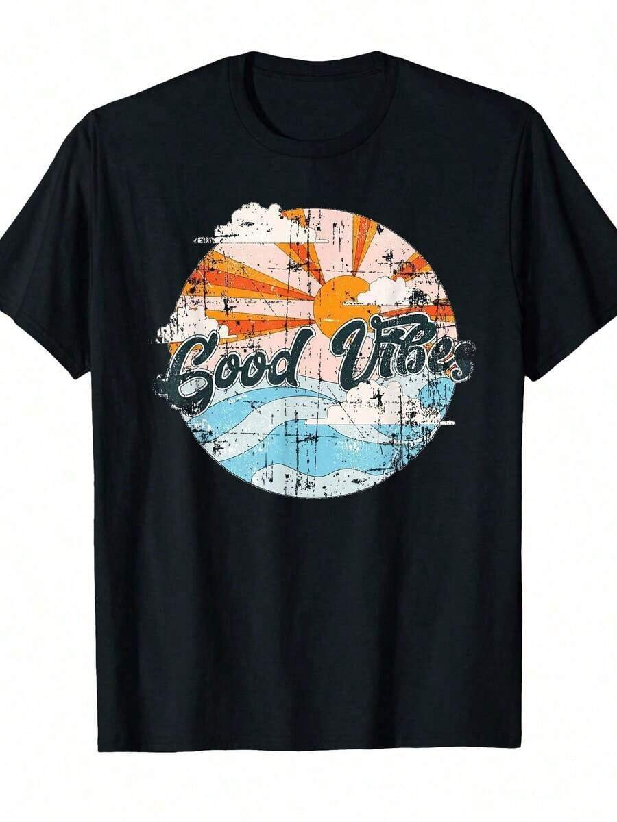 Vintage Retro Good Vibes Waves & Sunmen Mujeres regalo camiseta camiseta de aodón con un diseño inspirador y letras pegosas, perfecto para las salidas informales y el tre informal |   Top de verano elegante y cómodo, cuello de tulación, mangas cortas.Suitable for spring, summer and autumn - Negro - Ver 1