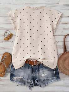 Blusa de mujer con cuello redondo, sin mangas, abotonada, con volantes y estampado de lunares vintage francés, versátil para ir al trabajo, tomar el té por la tarde o uso diario - Multicolor - Ver 2