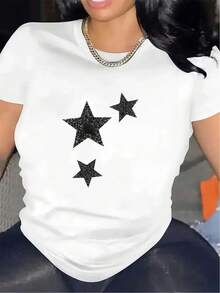 1 camiseta casual de manga corta, con un diseño de estrellas brillantes, hecha de un material duradero y cómodo, perfecta para el hogar, la oficina o el comedor, diseñada para el uso diario, 100% algodón de 180g. - Blanco - Ver 1