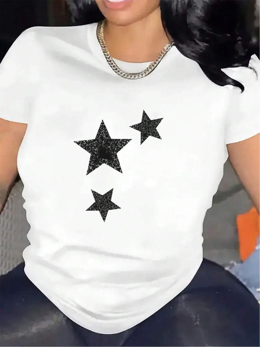 1 camiseta casual de manga corta, con un diseño de estrellas brillantes, hecha de un material duradero y cómodo, perfecta para el hogar, la oficina o el comedor, diseñada para el uso diario, 100% algodón de 180g. - Blanco - Ver 1