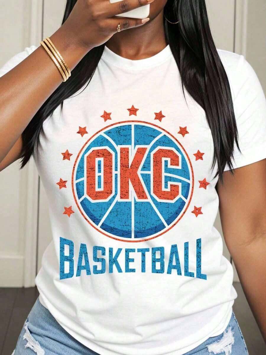 Women's OKC Basketball Jersey, White, Short Sleeve, Graphic Print, For Oklahoma City Thunder Fans, Casual Sportswear For Basketball Game Day And Everyday Wear. - 白色 - 查看 1