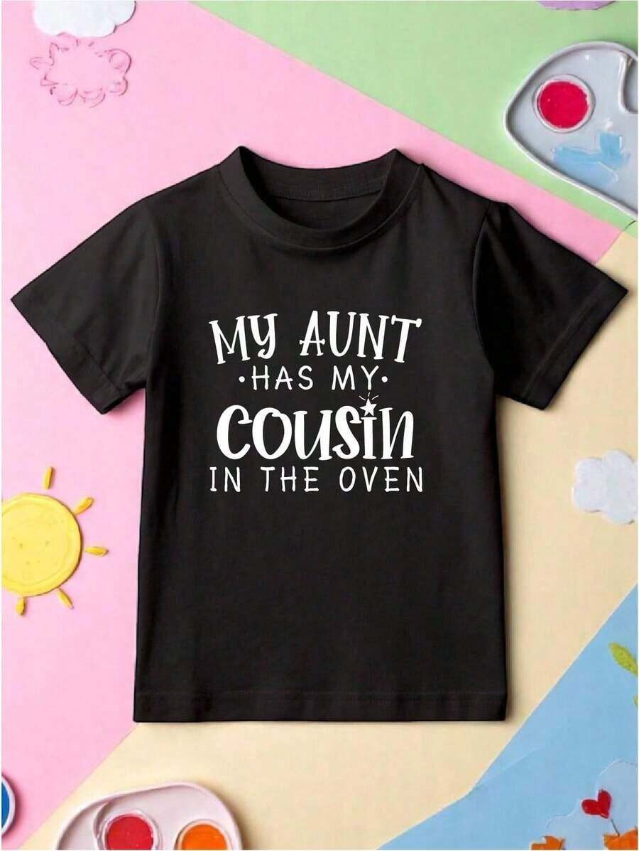 Funny T-Shirt "My Aunt Has My Cousin In The Oven", Pregnancy Announcement T-Shirt, Cute Baby Reveal T-Shirt, Pregnancy Announcement Celebration T-Shirt, Funny Aunt's Pregnancy Reveal T-Shirt, Youth Model FZ-1893 - 黑色 - 查看 1