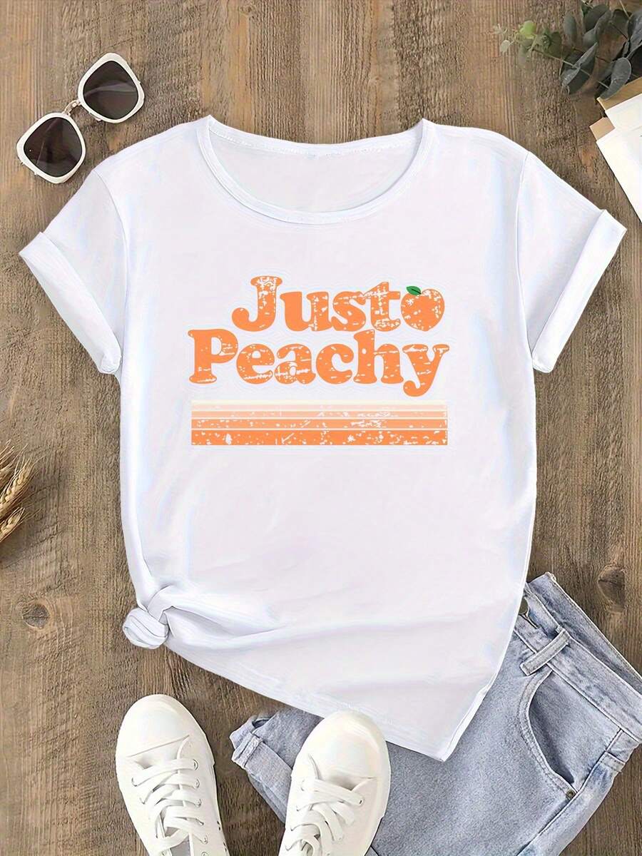 1 Women's Vintage T-Shirt "Just Peachy" - White Short Sleeve Blouse With Bright Orange Slogan And Peach Fruit Print, Casual Summer T-Shirt, Suitable For Daily Wear, Soft And Breathable (Design With "Just Peachy" Logo), 180g, 100% Cotton. - 白色 - 查看 1