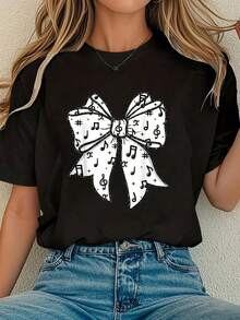 1 camiseta para profesoras de música y unisex, con diseño de nota musical y arco - Camiseta casual suave y transpirable, adecuada para músicos, actuaciones de bandas, conciertos - Cómoda camiseta de manga corta con cuello redondo, 180g 100% algodón. - Negro - Ver 1