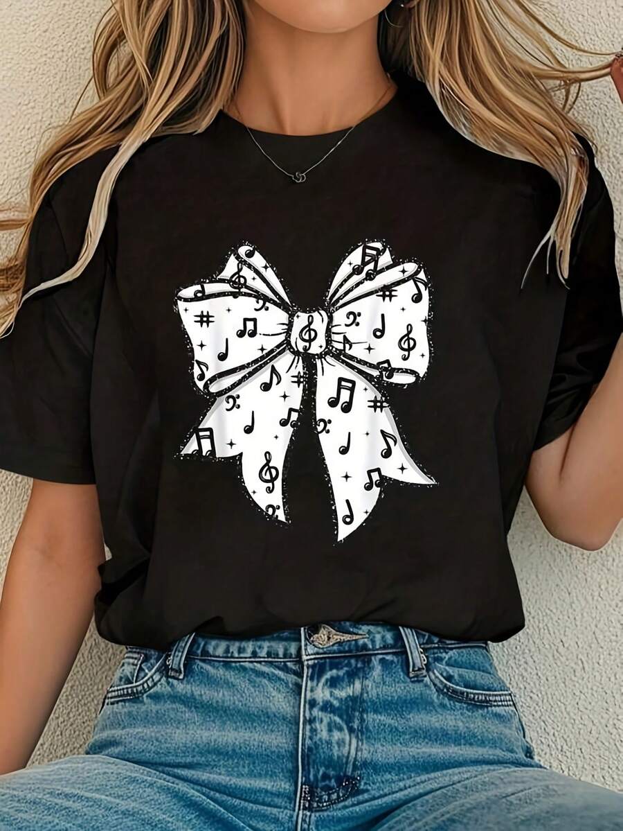 1 camiseta para profesoras de música y unisex, con diseño de nota musical y arco - Camiseta casual suave y transpirable, adecuada para músicos, actuaciones de bandas, conciertos - Cómoda camiseta de manga corta con cuello redondo, 180g 100% algodón. - Negro - Ver 1