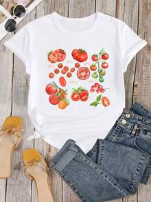 1 Tomato Print T-Shirt, Fruit T-Shirt, Garden Picnic T-Shirt, Tomato Lover T-Shirt, 180g 100% Cotton. - 白色 - 查看 2