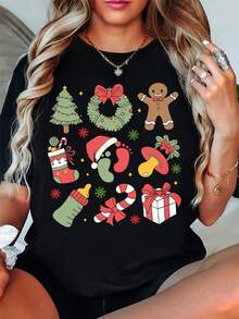 1 pieza, regalo de Navidad, regalo para enfermeras, camiseta estampada de Navidad 180g 100% algodón - Negro - Ver 12