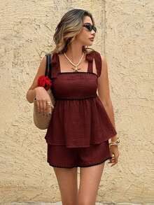 Frenchy Set informal de 2 piezas de top sin tirantes con recorte en contraste y shorts con lazo - Burdeos - Ver 9