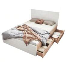 Double Bed, Wooden Frame 140*200 Cm With 2 Drawers, Modern Bed Including Frame And Slatted Base - 207*80*145 Cm (Length*Height*Width) In Oak/White (Without Mattress). - 白色 - 查看 1