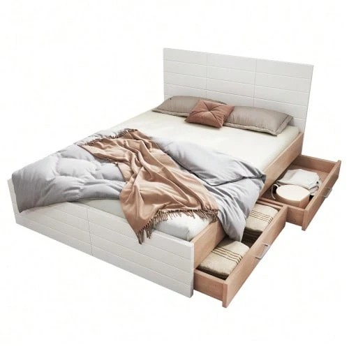 Double Bed, Wooden Frame 140*200 Cm With 2 Drawers, Modern Bed Including Frame And Slatted Base - 207*80*145 Cm (Length*Height*Width) In Oak/White (Without Mattress). - 白色 - 查看 1