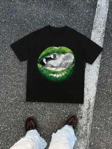 Y2K Style T-Shirt With Dollar And Green Lips Print, Popular T-Shirt, Hip-Hop T-Shirt, Custom Urban Style T-Shirt, Men's T-Shirt, Comfortable And Breathable, Pure Cotton Crew Neck Short Sleeve T-Shirt, Classic Crew Neck Design, Casual And Versatile, Summer T-Shirt, Can Be Worn All Year Round - 黑色 - 查看 1