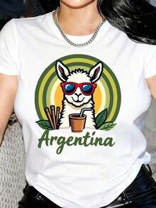 Women's T-Shirt With Graphic Print Of Argentine Llama And Mate Cup - Short Sleeve, Round Neck, Casual Style, Machine Washable, Summer And Spring T-Shirt, Vibrant Colors For Casual Outfits, Relaxed Style, Cultural Theme, Stretch Fabric, Printed T-Shirt, For Culture Enthusiasts. - 白色 - 查看 1