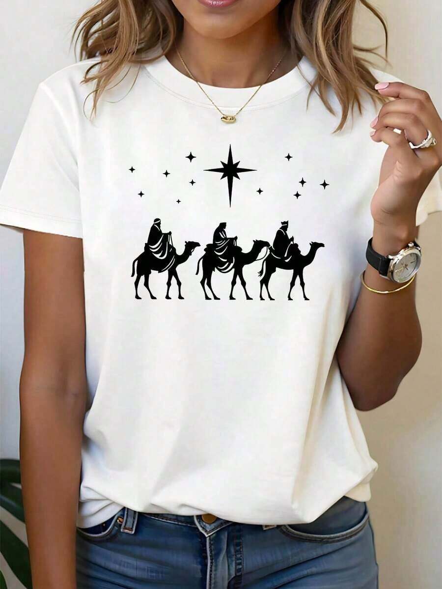 Women's Blouses. Women's Short-Sleeved Round Neck Casual T-Shirt With The Three Wise Men, Camels And Star Prints, Perfect For Everyday Wear, Going Out And As A Festive Gift. - 白色的 - 查看 1