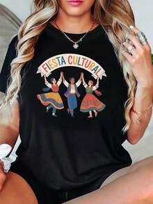 Women's Tops, Women's T-Shirts, Mother's Day, Casual Blouses For Ladies, Women's Tops, 2000s Style, Women's T-Shirt With Folk Dance Print For Cultural Party, Top For Folkloric Events And Cultural Festivals, Colorful Style, Round Neck, Machine Washable, T-Shirt With Cultural Style. - 黑色 - 查看 1
