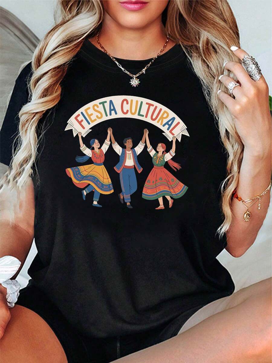 Women's Tops, Women's T-Shirts, Mother's Day, Casual Blouses For Ladies, Women's Tops, 2000s Style, Women's T-Shirt With Folk Dance Print For Cultural Party, Top For Folkloric Events And Cultural Festivals, Colorful Style, Round Neck, Machine Washable, T-Shirt With Cultural Style. - 黑色 - 查看 1