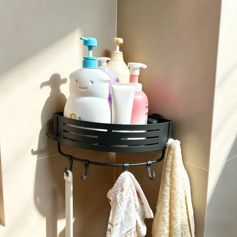 Suction Cup Wall Corner Hanging Rack, Lightweight Aluminum Alloy With Hook Storage Rack, Multi-Function Organizer For Kitchen And Bathroom - Gunmetal Gray Single-layer Strip Bar - View 1