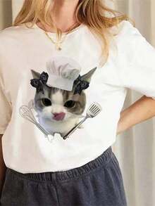 Women's Casual Short Sleeve T-Shirt, Round Neck, Sardine Style Cartoon Print, Summer Clothes For Women, Harajuku T-Shirt - 白色 6 - 查看 1